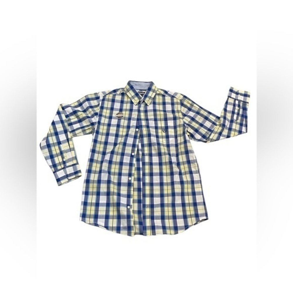 Chaps Plaid Yellow, Blue, And White Button Down Dress Shirt Large 14/16